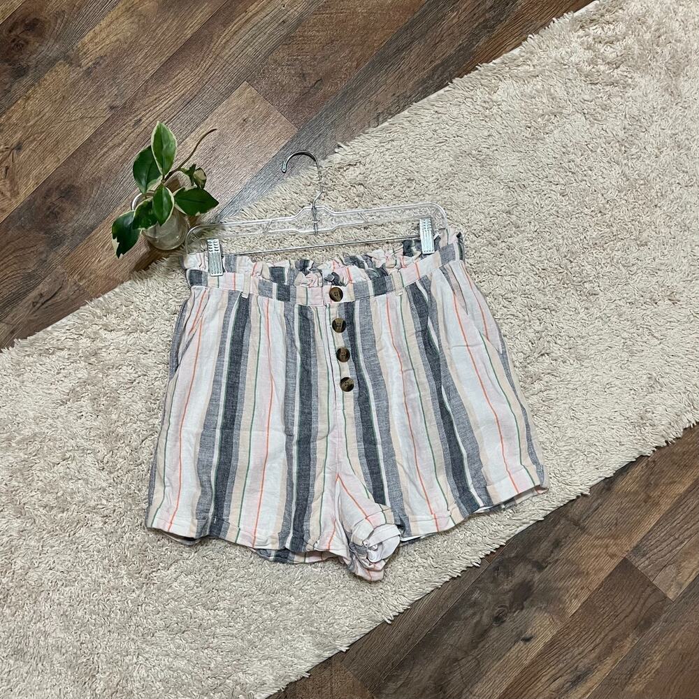 American Eagle Size Large Striped Paperbag Waist High-Rise Linen Blend Shorts